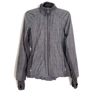 Lululemon Grey Zip Up Jacket Coat Athletic Plaid Ruffles Gym Running Thumb Hole